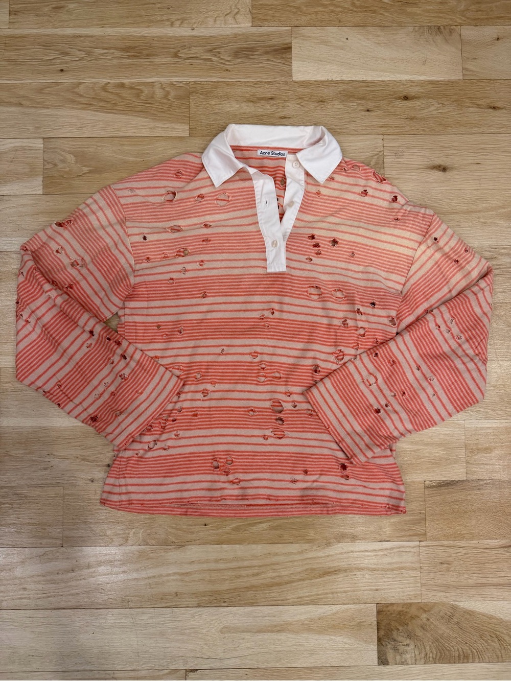 Acne Coral Pink Striped Rugby Polo with White Collar